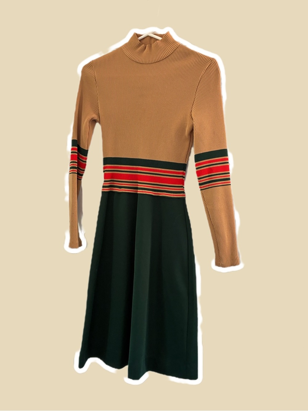 Camel and Forest Green Striped Waist Knit Dress